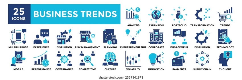 Business Trends icon collection set. Containing design business, financial, finance, trend, strategy, target	