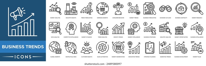 Geschäftstrends-Symbolsatz. Marktanalysen, Brancheneinblicke, Trendprognosen, Schwellenmärkte, Verbraucherverhalten, Markttrends, Geschäftsprognosen und Konjunkturaussichten