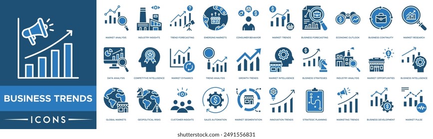 Business Trends icon set. Market Analysis, Industry Insights, Trend Forecasting, Emerging Markets, Consumer Behavior, Market Trends, Business Forecasting and Economic Outlook