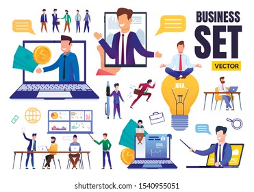 Business Trendy Flat Set. Different Situation. Cartoon Businessmen Teaching, Brainstorming, Mediating, Creating Idea, Earning Money. Conference, Meeting, Coaching. Communication. Vector Illustration