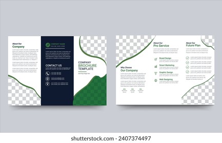 business tri fold brochure design template. Creative shape with green color. Design for printing and advertising.