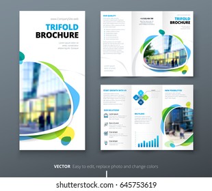 Business Tri Fold Brochure Design. Blue Orange Corporate Business Template For Tri Fold Flyer. Layout With Modern Shaped Photo And Abstract Background. Creative Concept Folded Flyer Or Brochure.