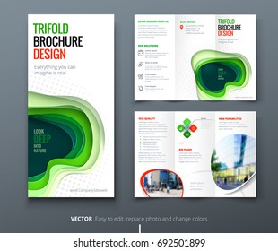 Business tri fold brochure design. Green eco nature corporate business template for tri fold flyer. Layout with modern paper cut abstract background. Creative concept folded flyer or brochure.