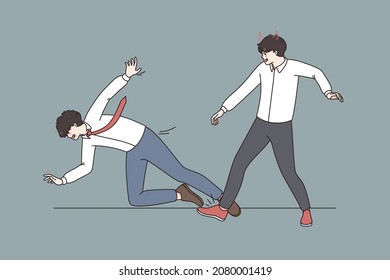 Business Tricks And Competitors Concept. Young Angry Furious Businessman Making Trip To His Colleague Making Unfair Business Vector Illustration 