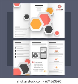 Business Tri-Fold Brochure, Corporate Leaflet design with abstract hexagonal elements.