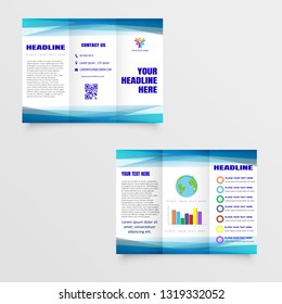 business tri-fold brochure design with blue abstract wavy shape