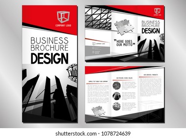 Business trifold brochure template (A4 to DL format) - modern office buildings/ skyscrapers, red graphics.