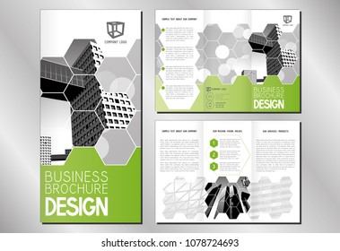 Business trifold brochure template (A4 to DL format) - modern office buildings/ skyscrapers - white, gray and green graphics. 