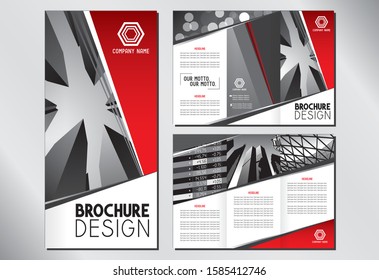 Business trifold brochure template (A4 to 3xDL format - 297x210mm) - modern office buildings/ skyscrapers, red graphics