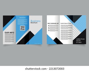 Business trifold brochure template. Blue corporate brochure. Catalog Vector Template.