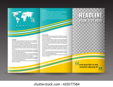 Business trifold brochure template design. Wavy lines background. Palce for photo. 