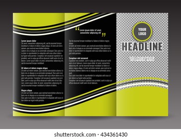 Business trifold brochure template design. Wavy lines background and world map infographic element. Place for photo.
