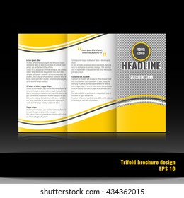 Business trifold brochure template design. Wavy lines background and world map infographic element. Palce for photo.