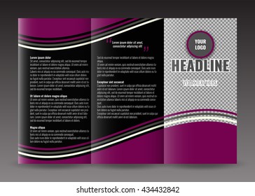 Business trifold brochure template design. Wavy lines background and world map infographic element. Palce for photo.