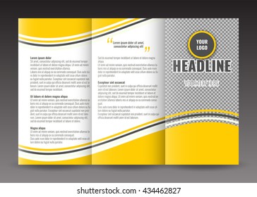 Business trifold brochure template design. Wavy lines background and world map infographic element. Place for photo.