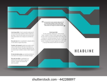 Business trifold brochure template design. Wavy lines background and world map infographic element. Place for photo.