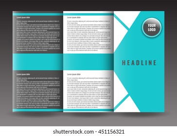 Business trifold brochure template design. Wavy lines background and world map infographic element. Place for photo. Stock vector.