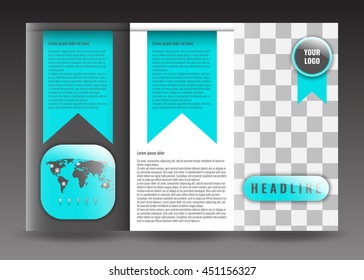 Business trifold brochure template design. Wavy lines background and world map infographic element. Place for photo. Stock vector.