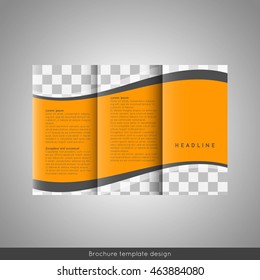 Business trifold brochure template design. Wavy lines background. Place for photo. Stock vector.
