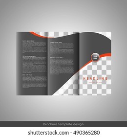 Business trifold brochure template design. Wavy lines background and world map infographic element. Place for photo. Stock vector.