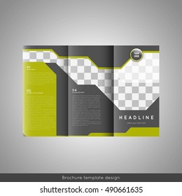 Business trifold brochure template design. Wavy lines background and world map infographic element. Place for photo. Stock vector.
