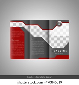 Business trifold brochure template design. Wavy lines background and world map infographic element. Place for photo. Stock vector.