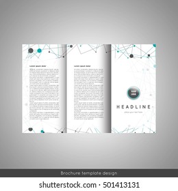 Business trifold brochure template design. Wavy lines background and world map infographic element. Place for photo. Stock vector.
