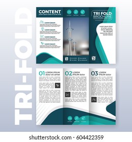 Business tri-fold brochure template design with Turquoise color scheme in A4 size layout with bleeds. Vector illustration