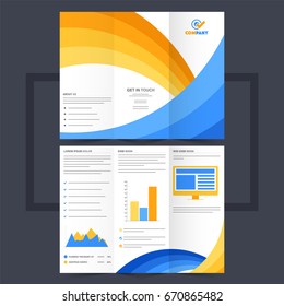 Business trifold leaflet or flyer design with yellow and blue waves.