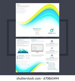 Business trifold leaflet or flyer design with blue and yellow waves.