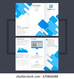 Business trifold leaflet or flyer design with blue abstract design.