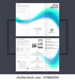 Business trifold leaflet or flyer design with blue waves.