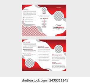 Business trifold leaflet flyer template with a Red square geometric vector flat design set.