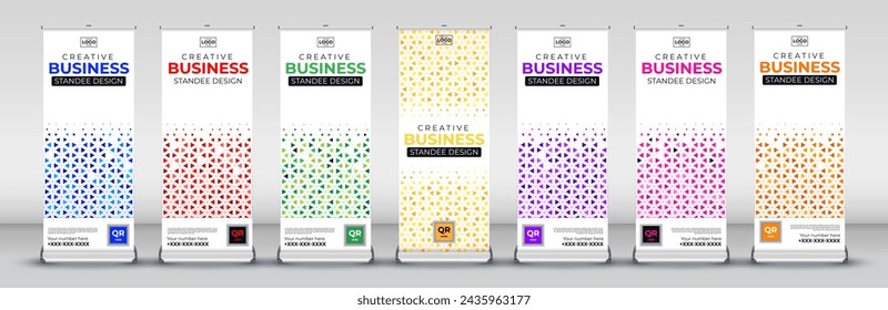 Business tringle and hexagon roll up banner collection for events, annual meetings, presentations, marketing, promotions and brochure, covers in blue, red, green, yellow, purple, pink and orange