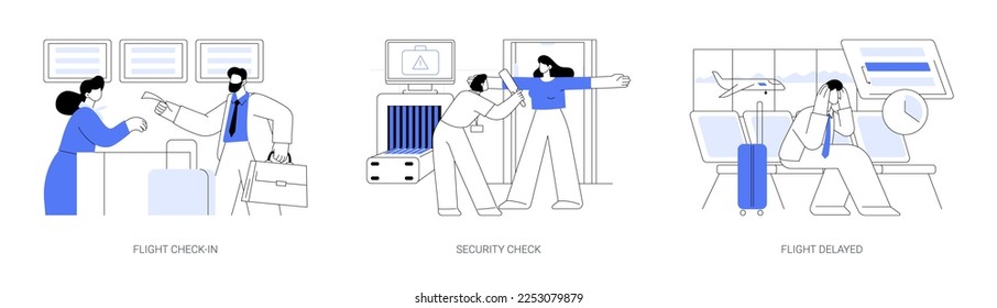 Business trip abstract concept vector illustration set. Flight check-in, security check, flight delayed, timetable information, business class travel, departure hall abstract metaphor.