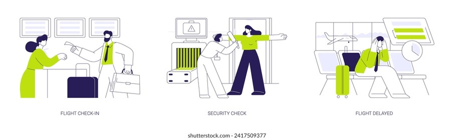 Conjunto de ilustraciones vectoriales de concepto abstracto de viaje de negocios. Registro de vuelos, control de seguridad, retraso en el vuelo, información de horarios, viajes en clase ejecutiva, metáfora abstracta de la sala de salidas.