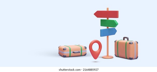 Business trip banne in 3d realistic style with pointer, map, suitcase. Vector illustration