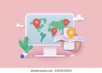 Business trip banner with computer and map. Destination app. 3D Web Vector Illustrations.