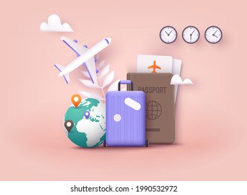Business trip banner and passport  tickets  travel bag  3D Web Vector Illustrations 