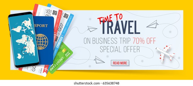 Business trip banner with passport, tickets, smartphone and credit card. Air travel concept with 70% off. Vector illustration - Shutterstock ID 635638748