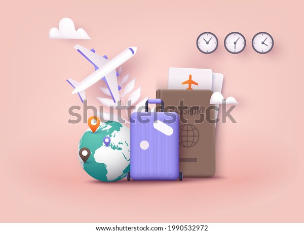 Business trip banner with passport,\
tickets, travel bag. 3D Web Vector\
Illustrations.