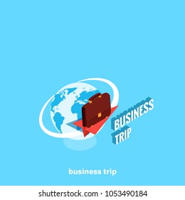 business trip, a briefcase on a paper airplane flying around the globe, an isometric image