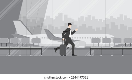 Business trip, a businessman runs to a flight at an international airport terminal. Rush hour, Urgent time, Busy worker, Hectic life, Lately arrive passenger, Daily haste, City lifestyle concept.