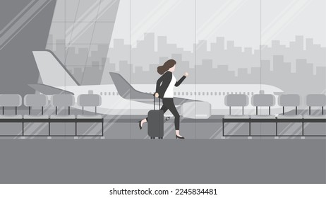 Business trip, a businesswoman runs to a flight at an international airport terminal. Rush hour, Urgent time, Busy worker, Hectic life, Lately arrive passenger, Daily haste, City lifestyle concept.