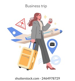 Business trip concept A professional on the go, efficiently navigating travel with ease and poise against the backdrop of an awaiting airplane Vector illustration