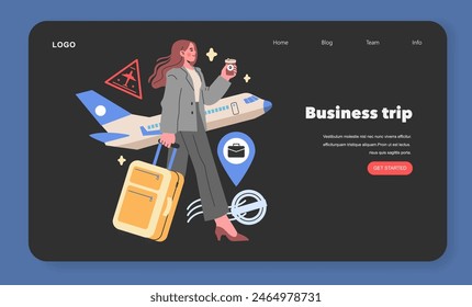 Business trip concept A professional on the go, efficiently navigating travel with ease and poise against the backdrop of an awaiting airplane Vector illustration