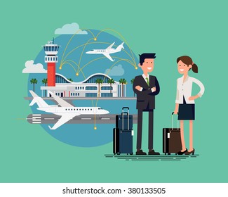 Business trip cool flat illustration. Airway travel. Business man and woman ready to board on business jet at airport terminal. Business characters couple with hand luggage standing