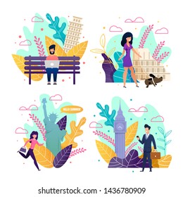 Business Trip, Freelance Work and Vacation Set. Cartoon People Working on Computer, Walking Along Street with Landmarks. Rush and Rest. Summertime Recreation and Job. Vector Flat Illustration