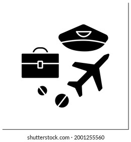 Business trip glyph icon. Traveling into another country for work. Flight by plane. Business idea concept. Filled flat sign. Isolated silhouette vector illustration