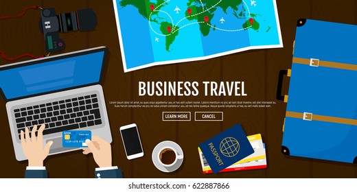 Business trip. Hotel reservations using laptop. Passport with tickets, photo camera, travel map, suitcase. Business trip banner.